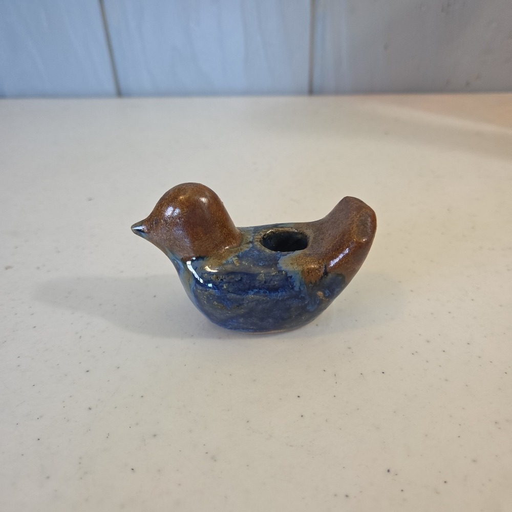 Pigeon Forge Pottery Blue Brown Glazed Bird D. Ferguson Candle Holder